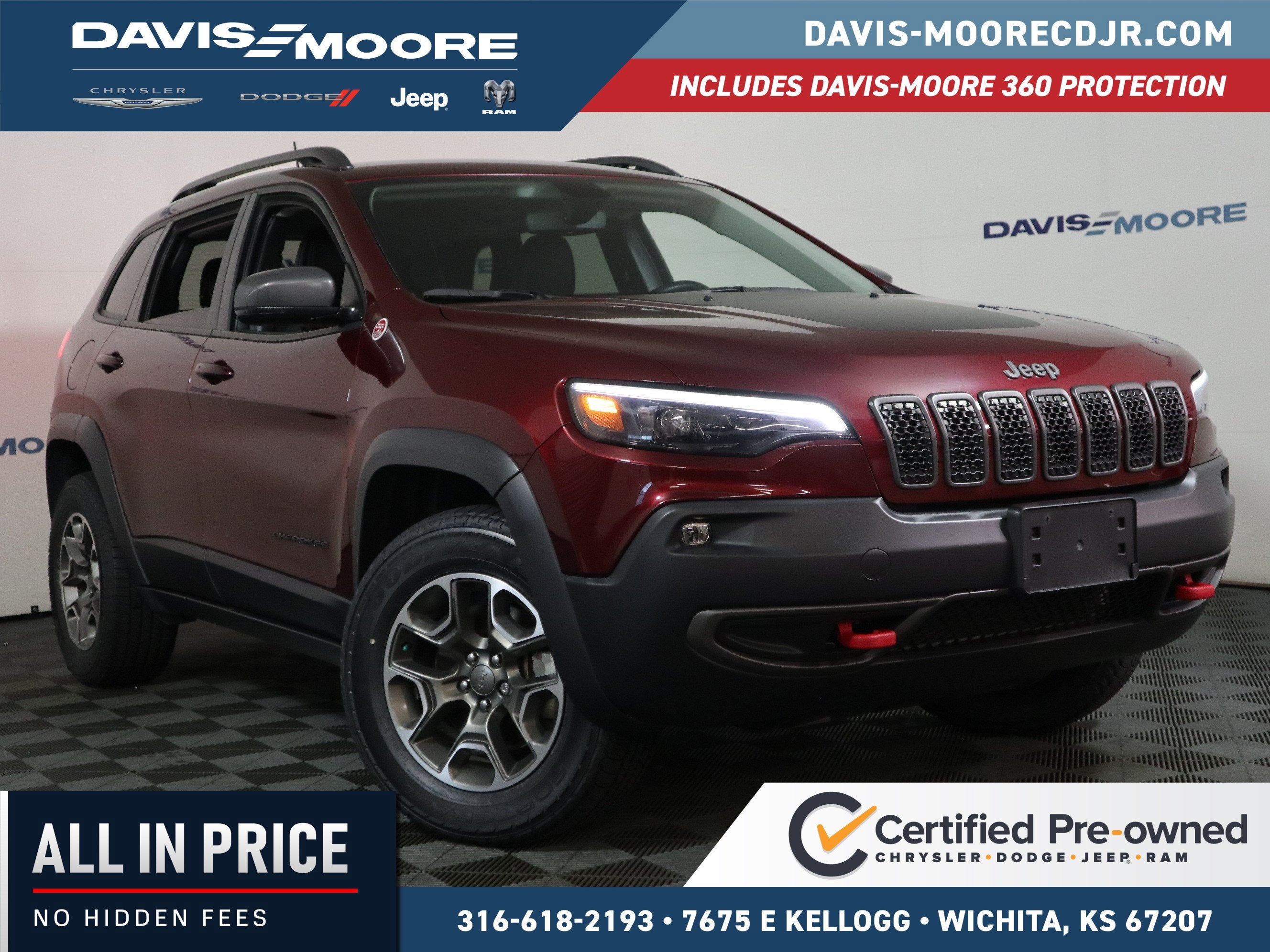 2020 Jeep Cherokee Trailhawk 4x4 in Velvet Red Pearlcoat — front three-quarter view