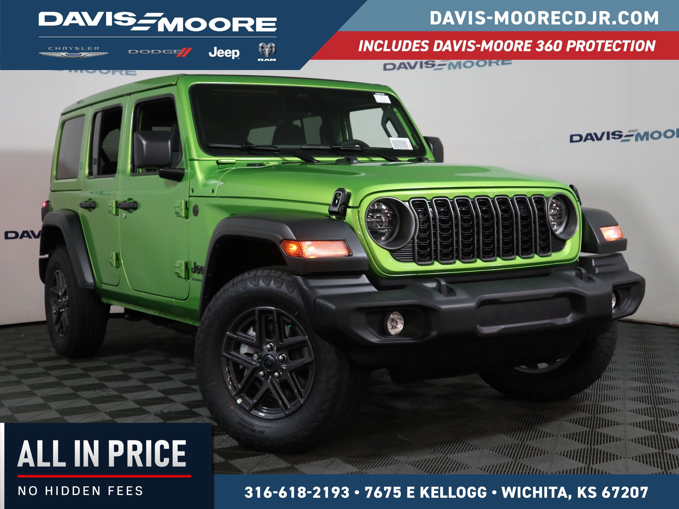 2026 Jeep Wrangler Sport S in Mojito Clear-Coat Exterior Paint — front three-quarter view
