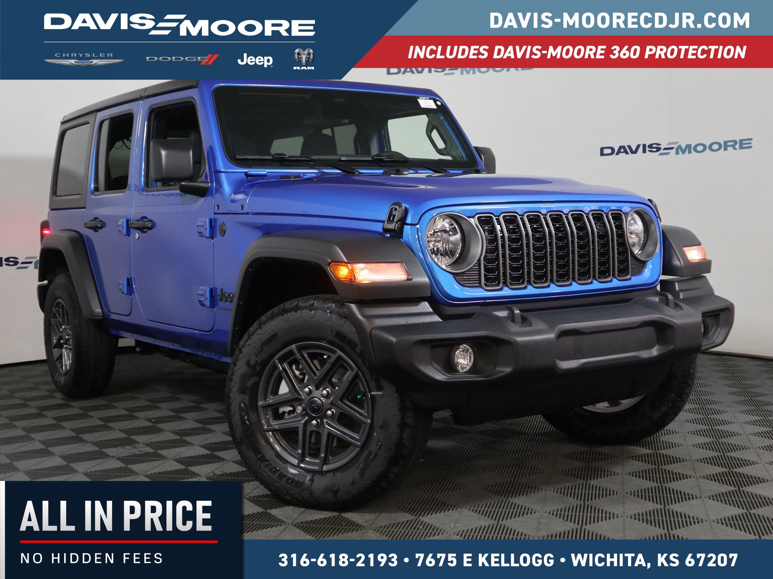2026 Jeep Wrangler Sport S in Hydro Blue Pearl-Coat Exterior Paint — front three-quarter view