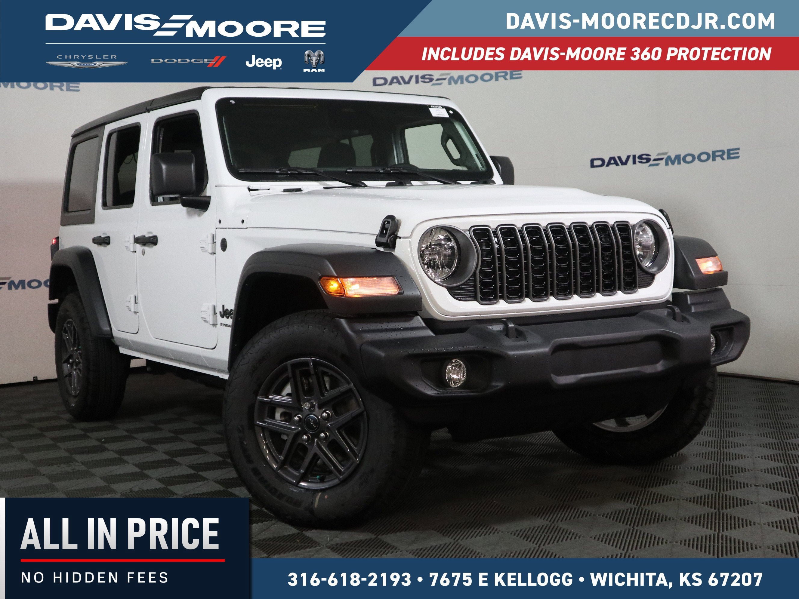 2026 Jeep Wrangler Sport S in Bright White Clear-Coat Exterior Paint — front three-quarter view