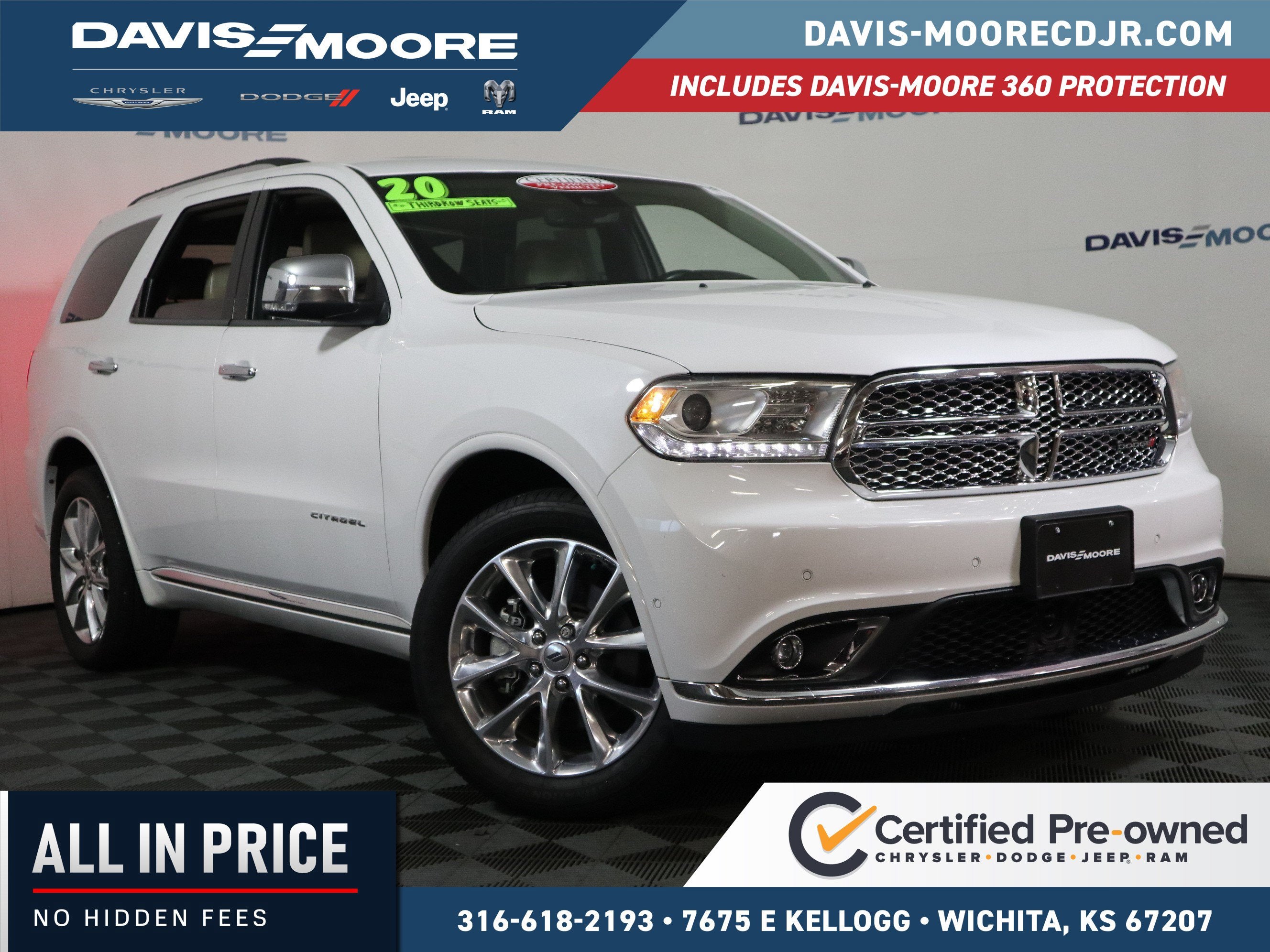 2020 Dodge Durango Citadel AWD in Vice White — front three-quarter view