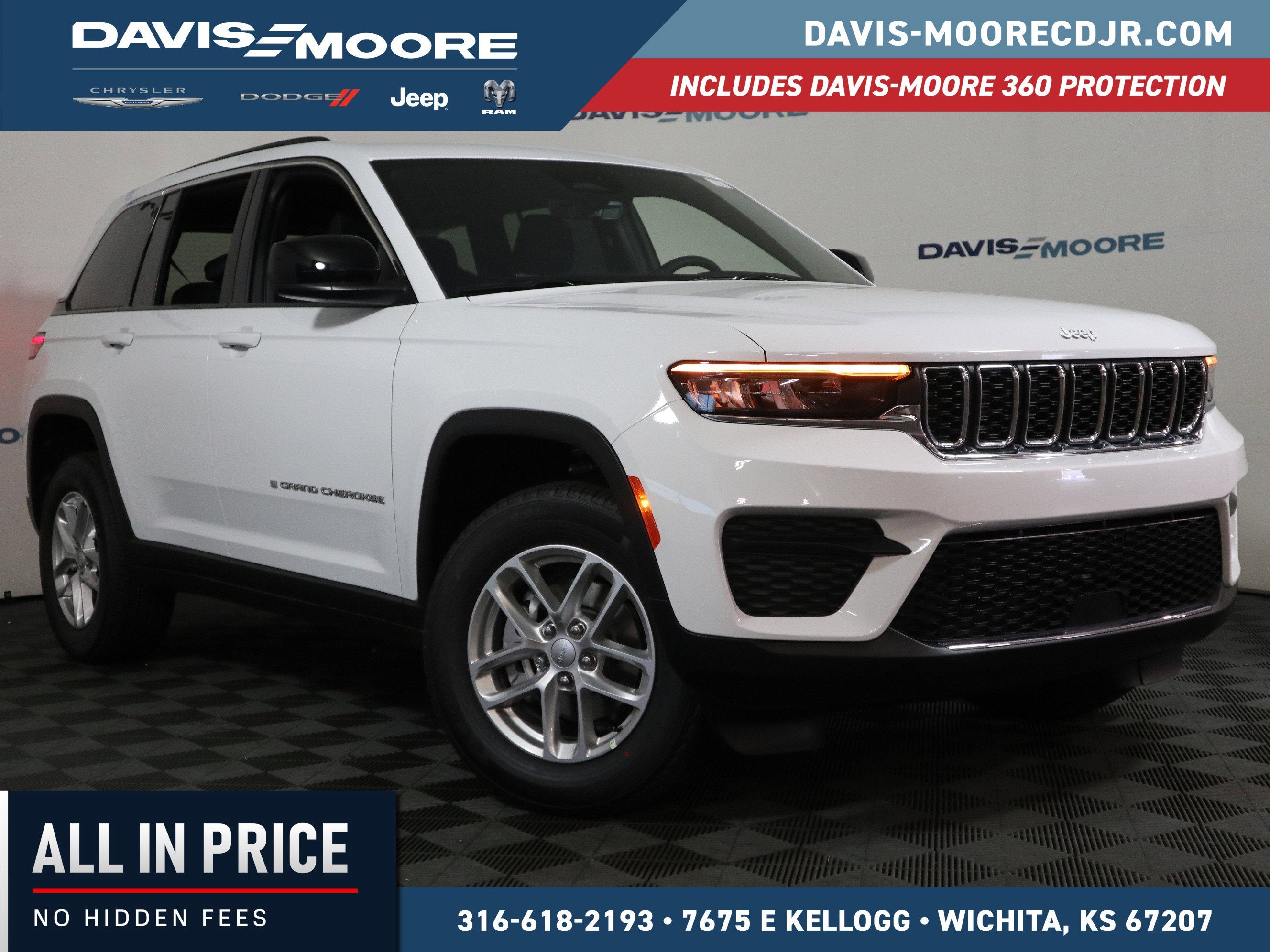 2026 Jeep Grand Cherokee Laredo in Bright White Clear-Coat Exterior Paint — front three-quarter view
