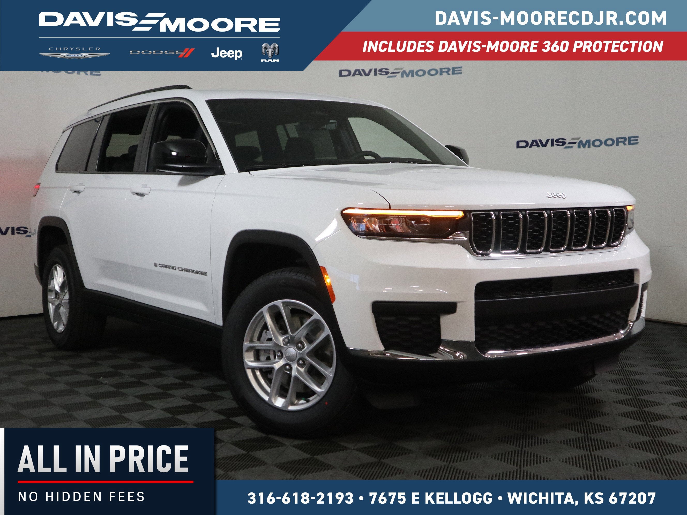 2025 Jeep Grand Cherokee L Laredo X in Bright White Clear-Coat Exterior Paint — front three-quarter view