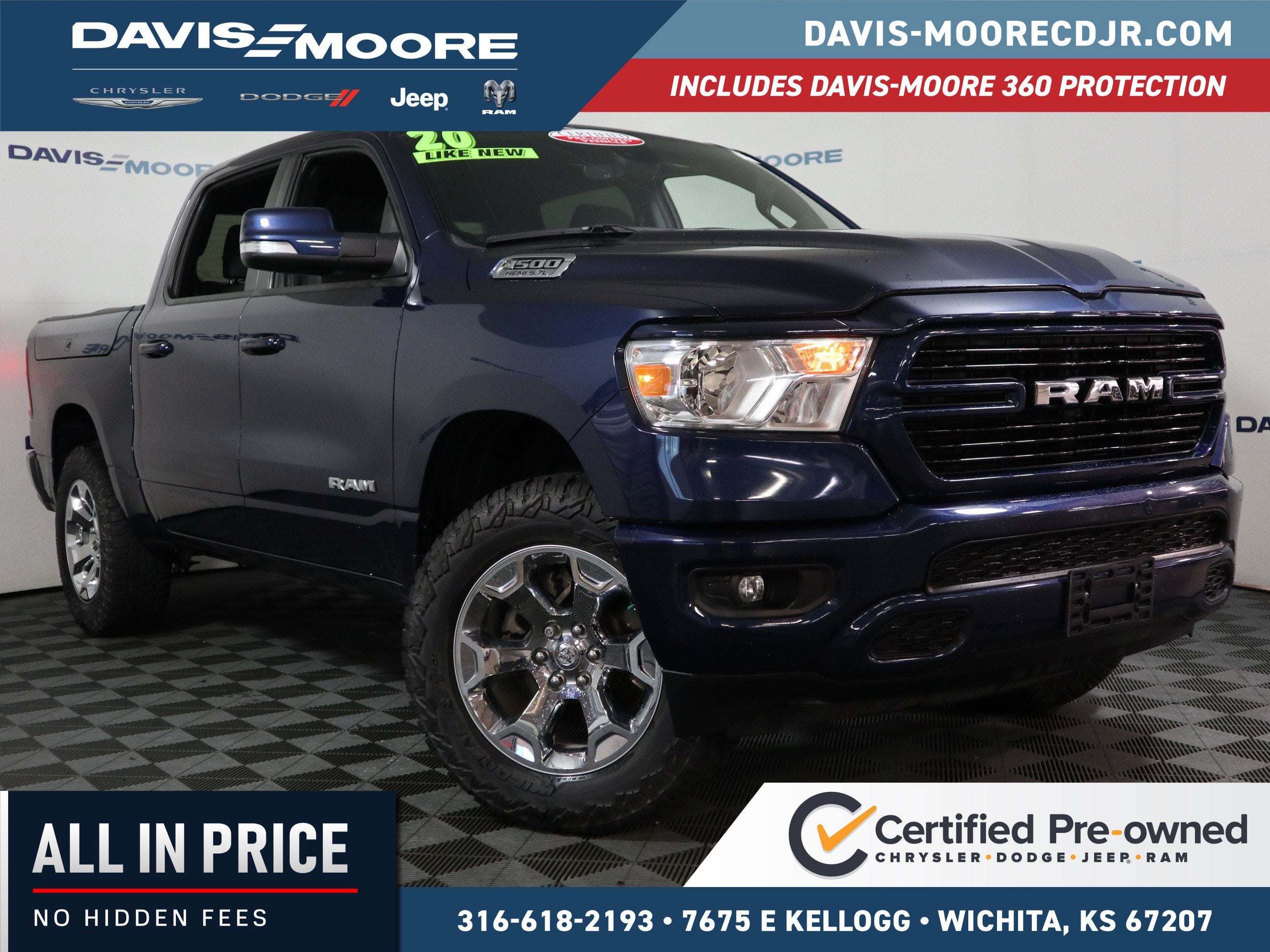 2020 RAM 1500 Big Horn Crew Cab 4x4 in Patriot Blue Pearlcoat — front three-quarter view