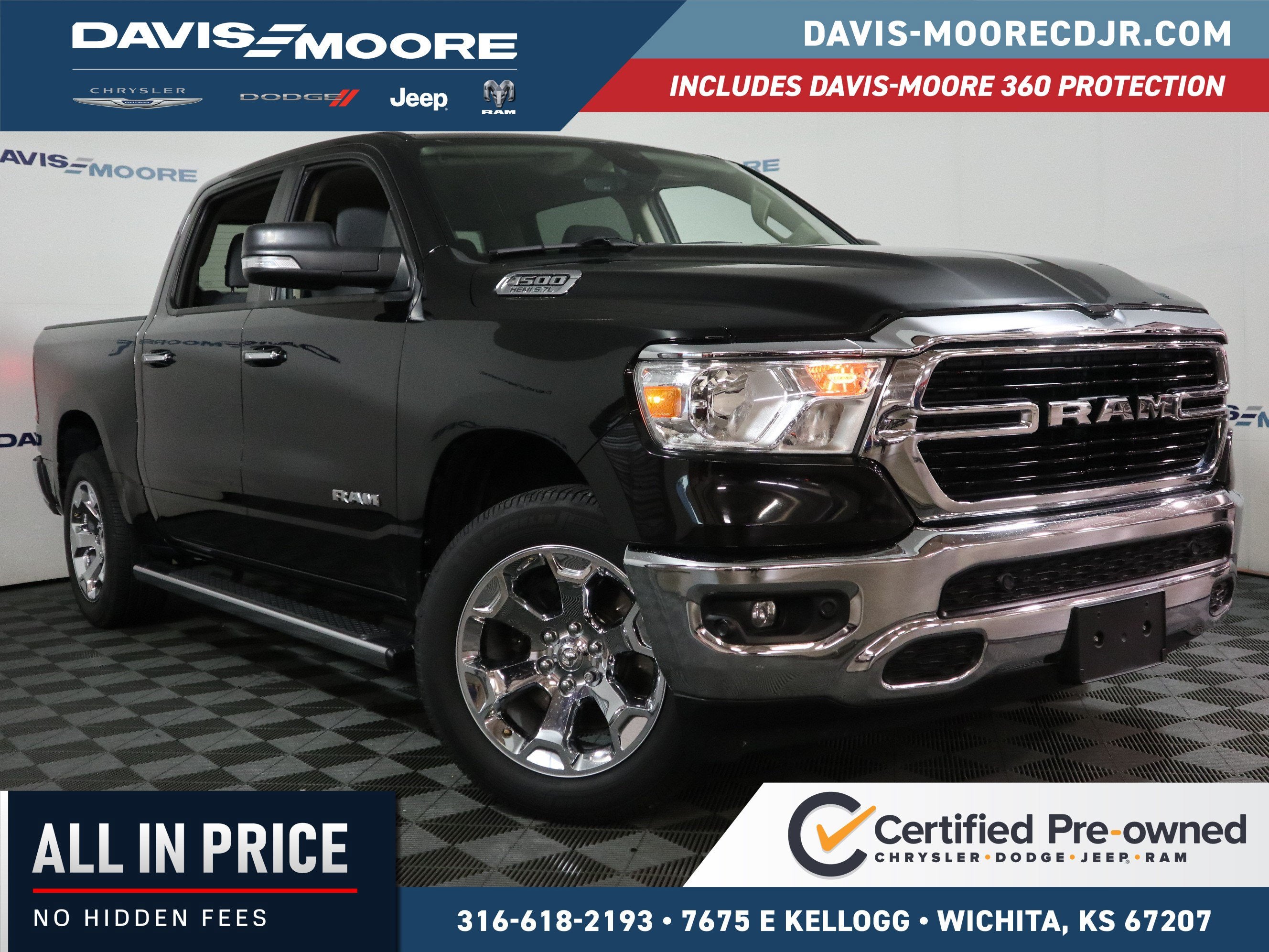 2020 RAM 1500 Big Horn Crew Cab 4x4 in Diamond Black Crystal Pearlcoat — front three-quarter view