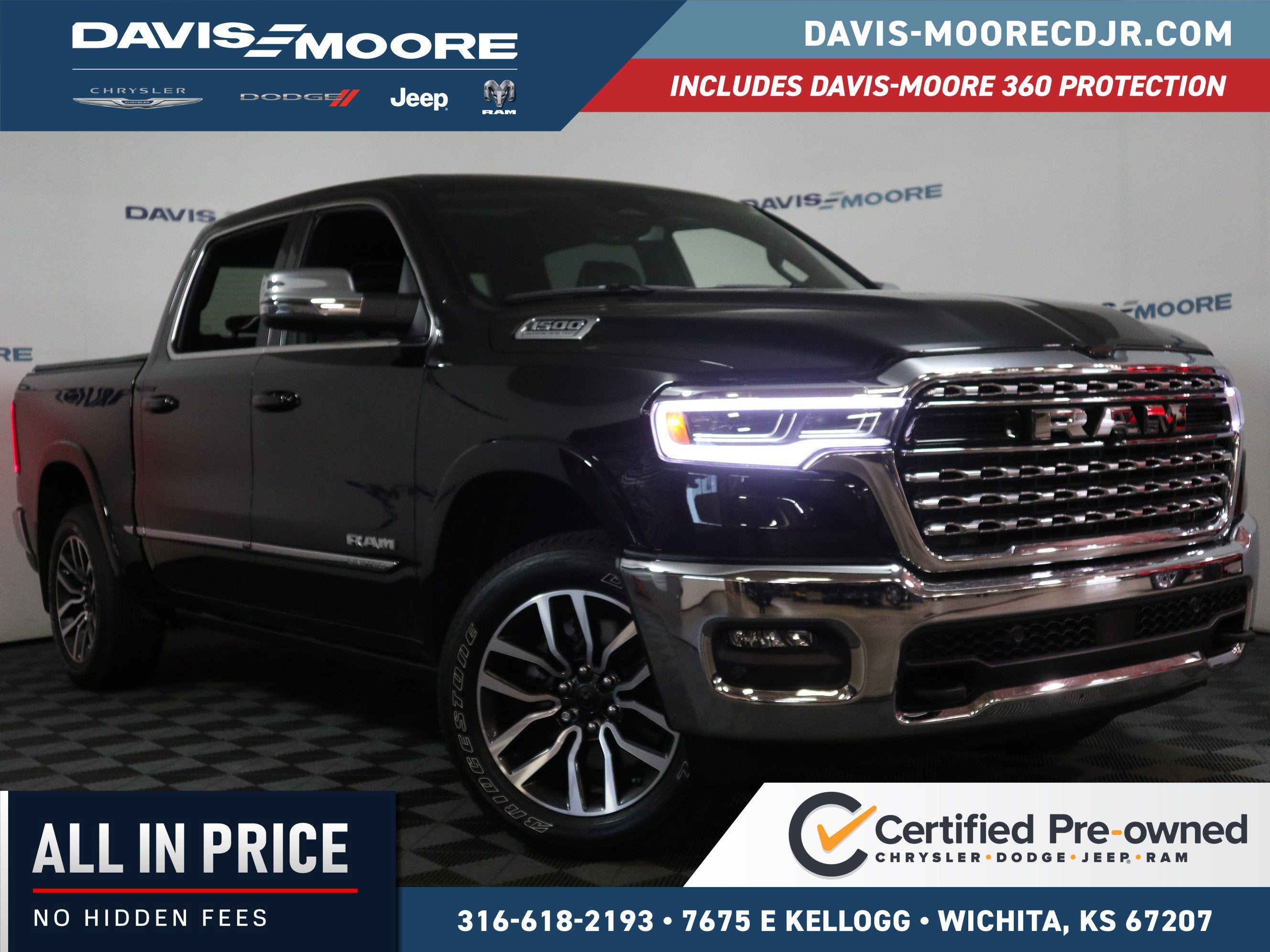 2026 RAM 1500 Limited in Diamond Black Crystal Pearlcoat — front three-quarter view