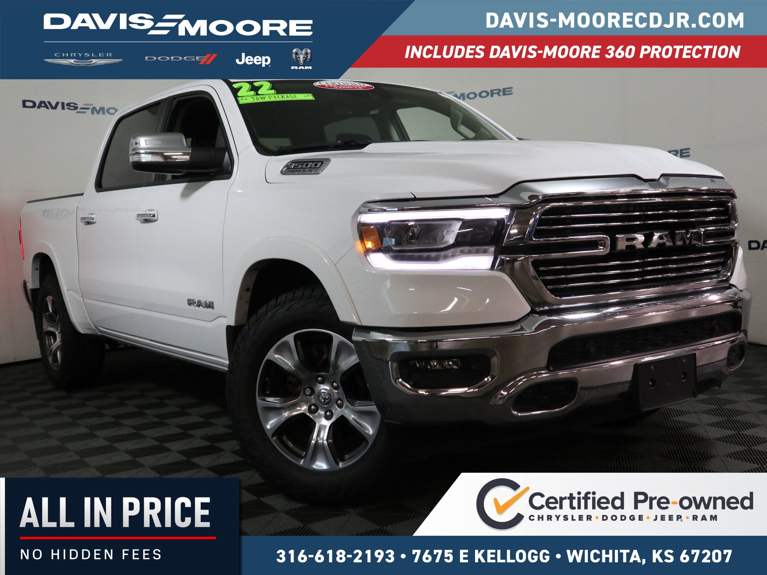 2022 RAM 1500 LARAMIE in Bright White Clearcoat — front three-quarter view