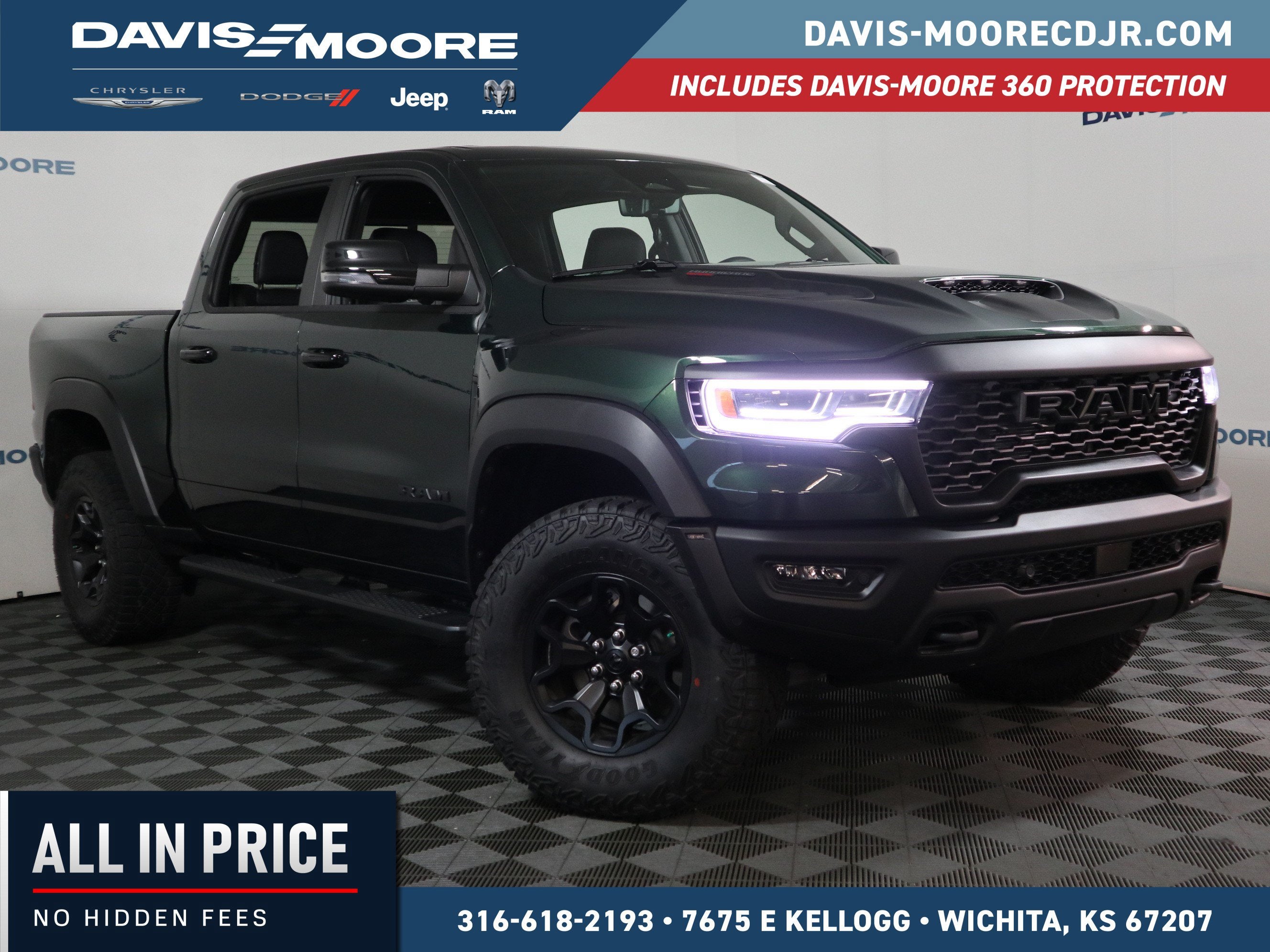 2026 RAM 1500 RHO Crew Cab 4x4 in Serrano-Green Metallic Exterior Paint — front three-quarter view