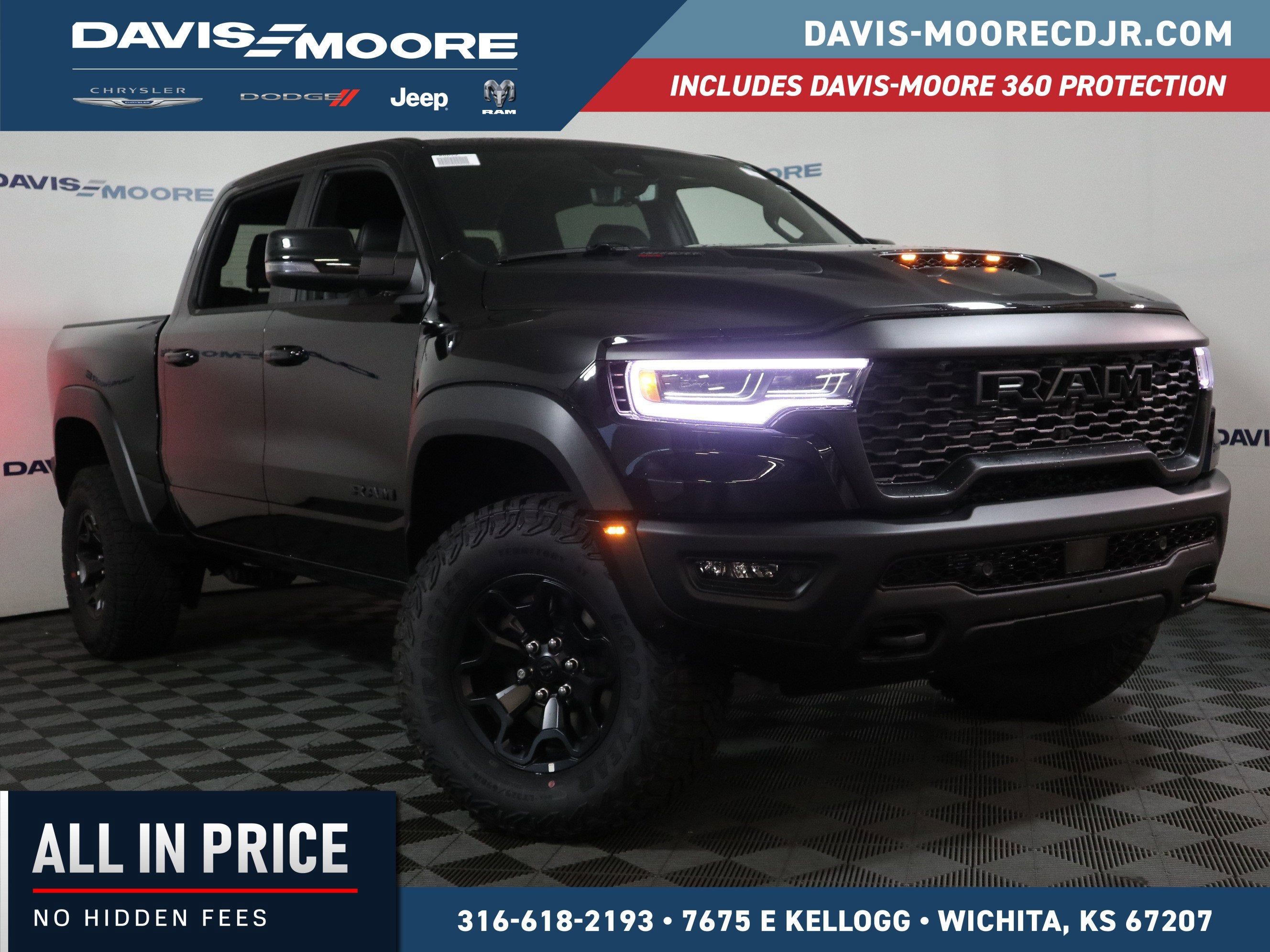 2026 RAM 1500 RHO Crew Cab 4x4 in Diamond Black Crystal Pearl-Coat Exterior Paint — front three-quarter view