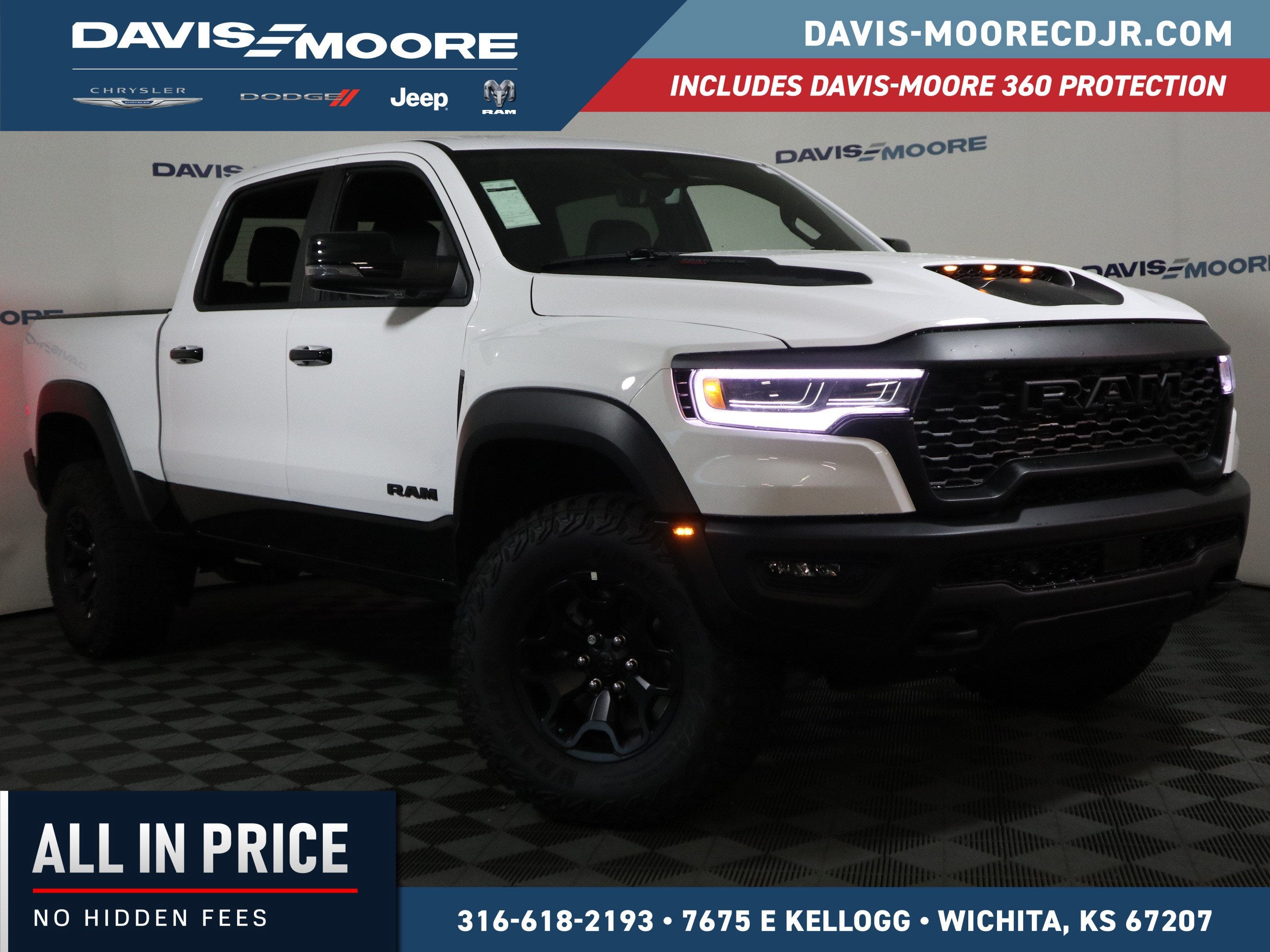 2026 RAM 1500 RHO Crew Cab 4x4 in Bright White Clear-Coat Exterior Paint — front three-quarter view