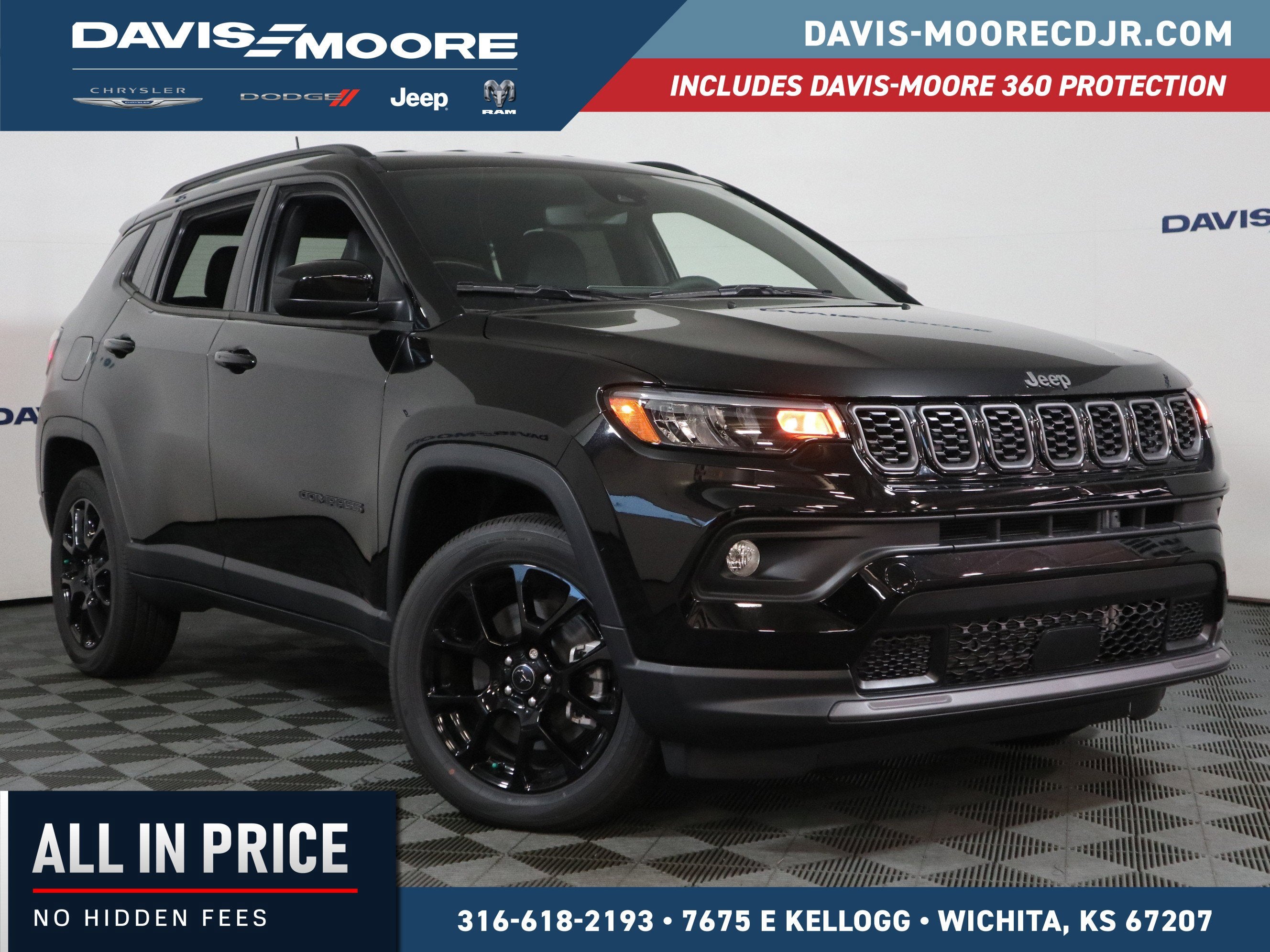 2026 Jeep Compass Latitude in Diamond Black Crystal Pearl-Coat Exterior Paint — front three-quarter view
