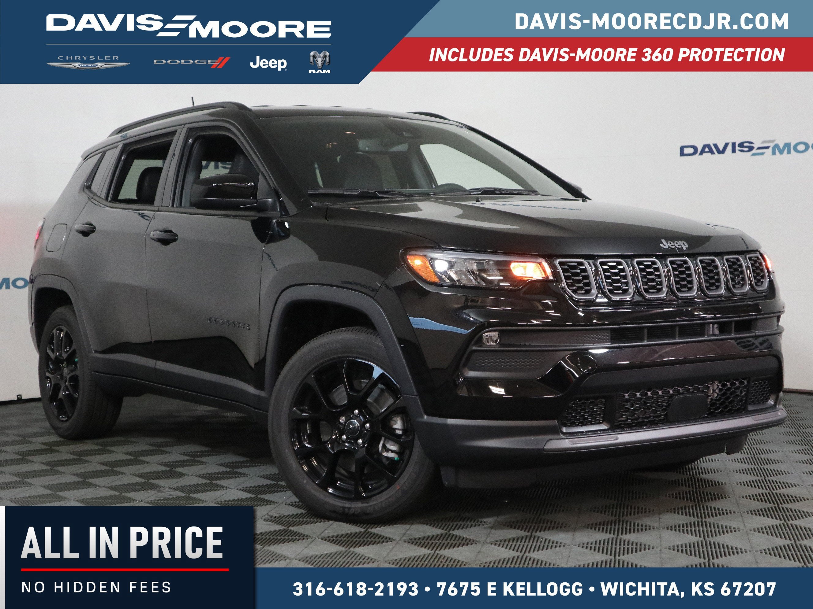 2026 Jeep Compass Latitude in Diamond Black Crystal Pearlcoat — front three-quarter view