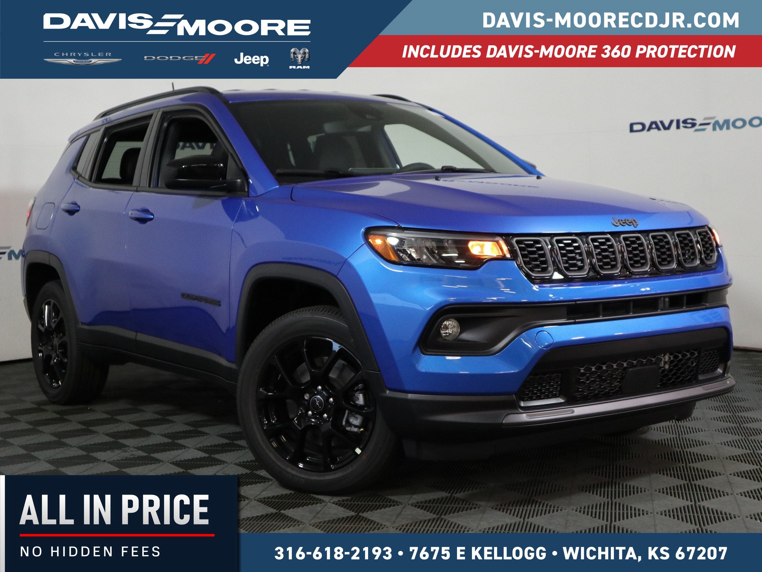 2026 Jeep Compass Latitude in Hydro Blue Pearl-Coat Exterior Paint — front three-quarter view