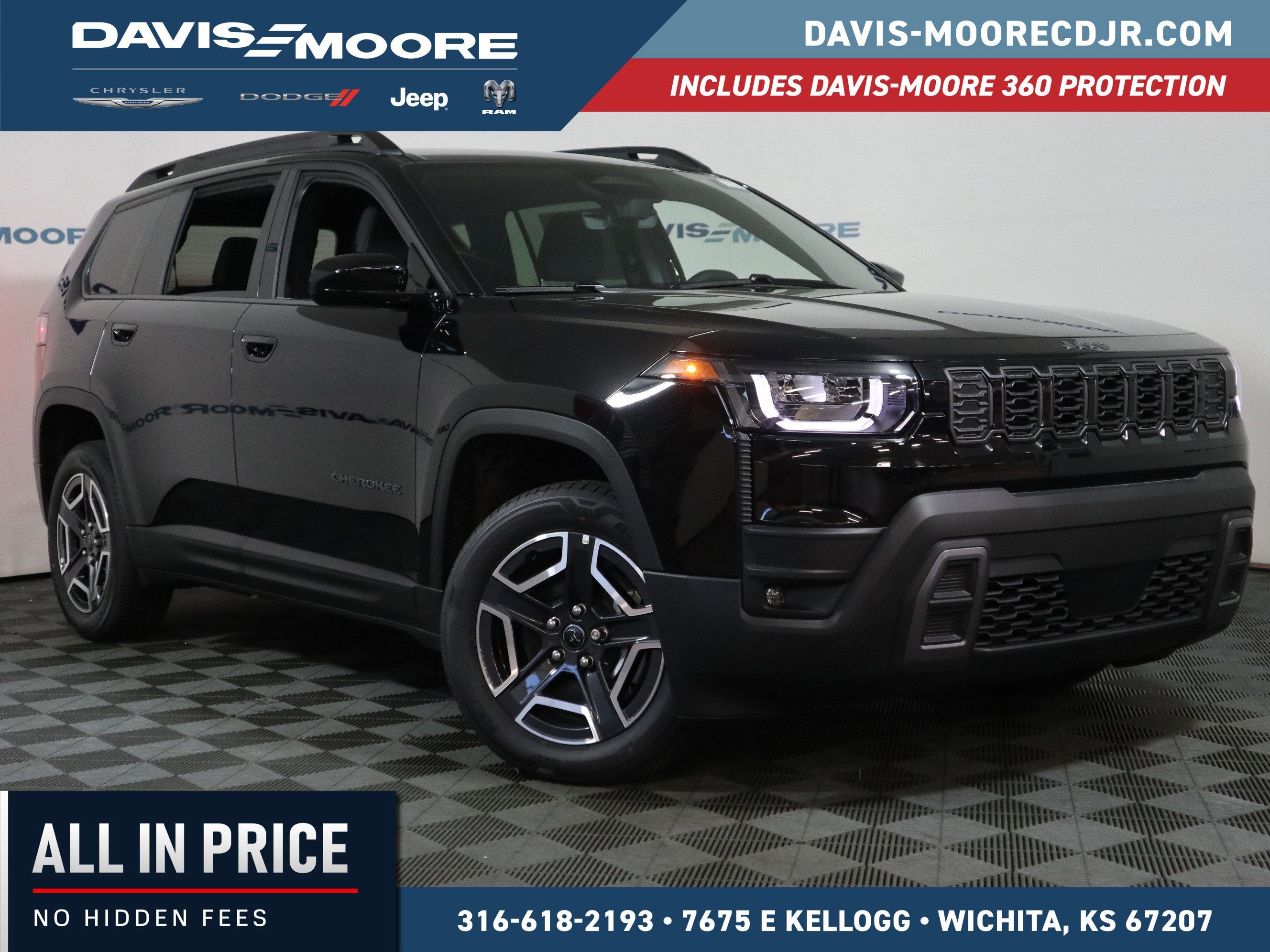2026 Jeep Cherokee Laredo 4x4 in Diamond Black Crystal Pearl-Coat Exterior Paint — front three-quarter view