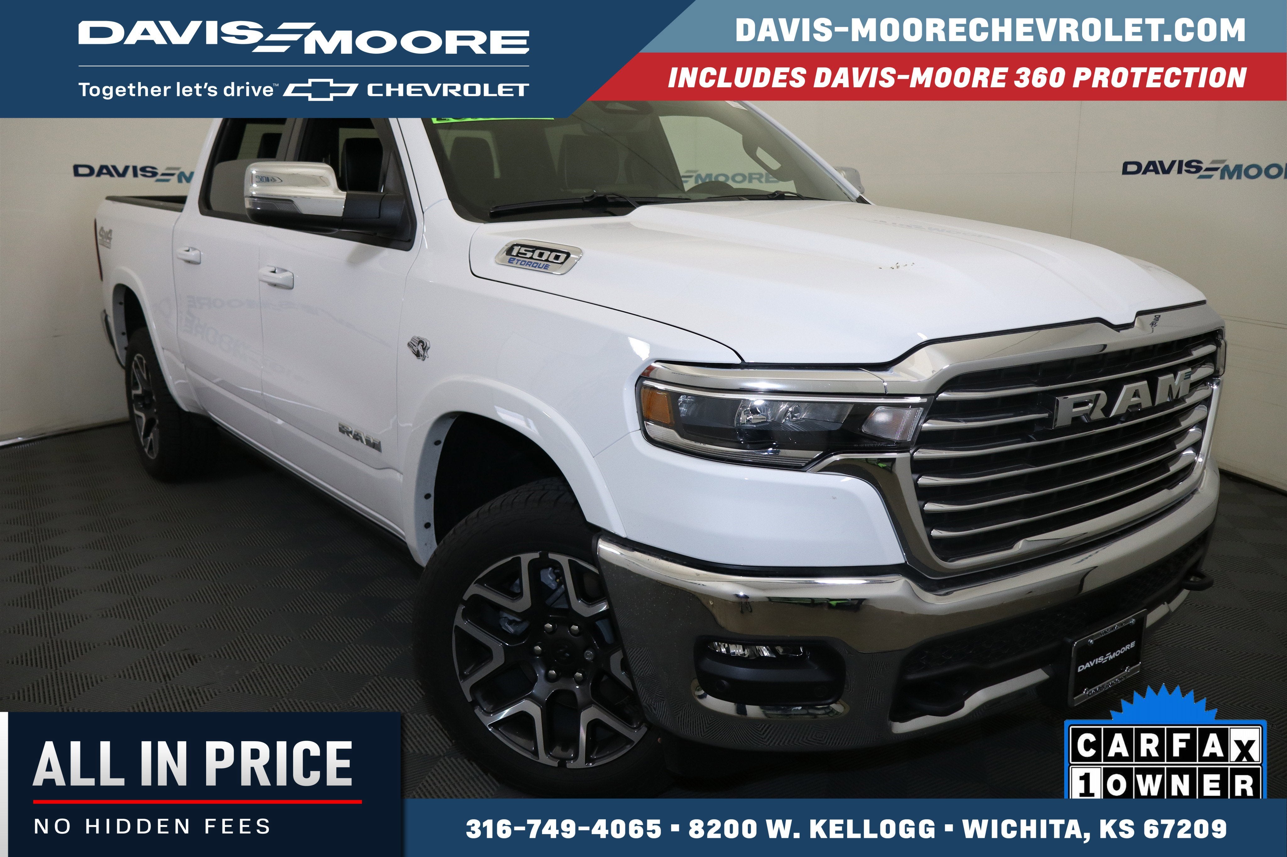 2026 RAM 1500 Laramie 4x4 Crew Cab in Bright White Clearcoat — front three-quarter view