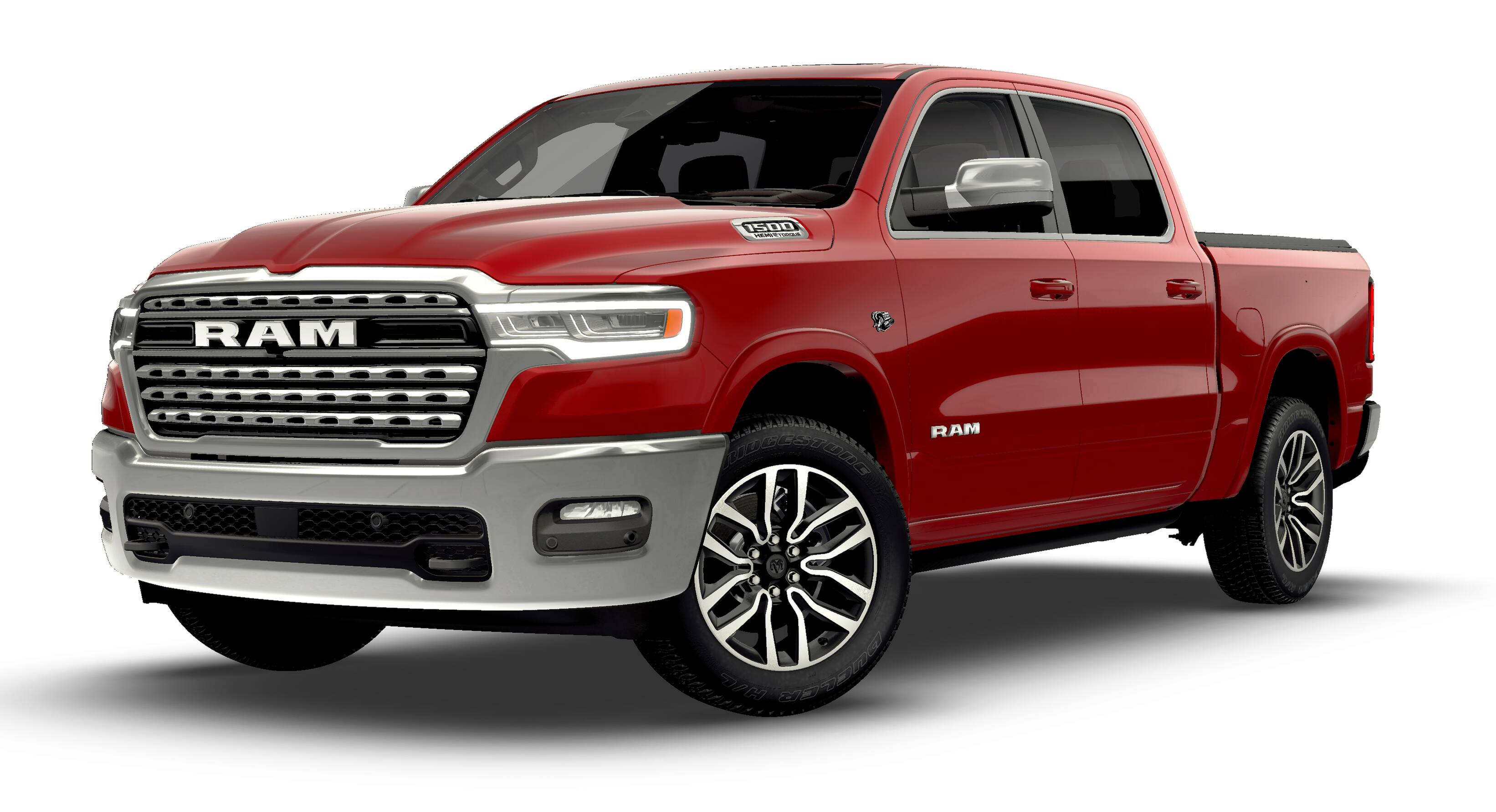 2026 RAM Ram 1500 RAM 1500 LIMITED LONGHORN CREW CAB 4X4 5'7' BOX in Molten Red Pearl-Coat Exterior Paint — front three-quarter view