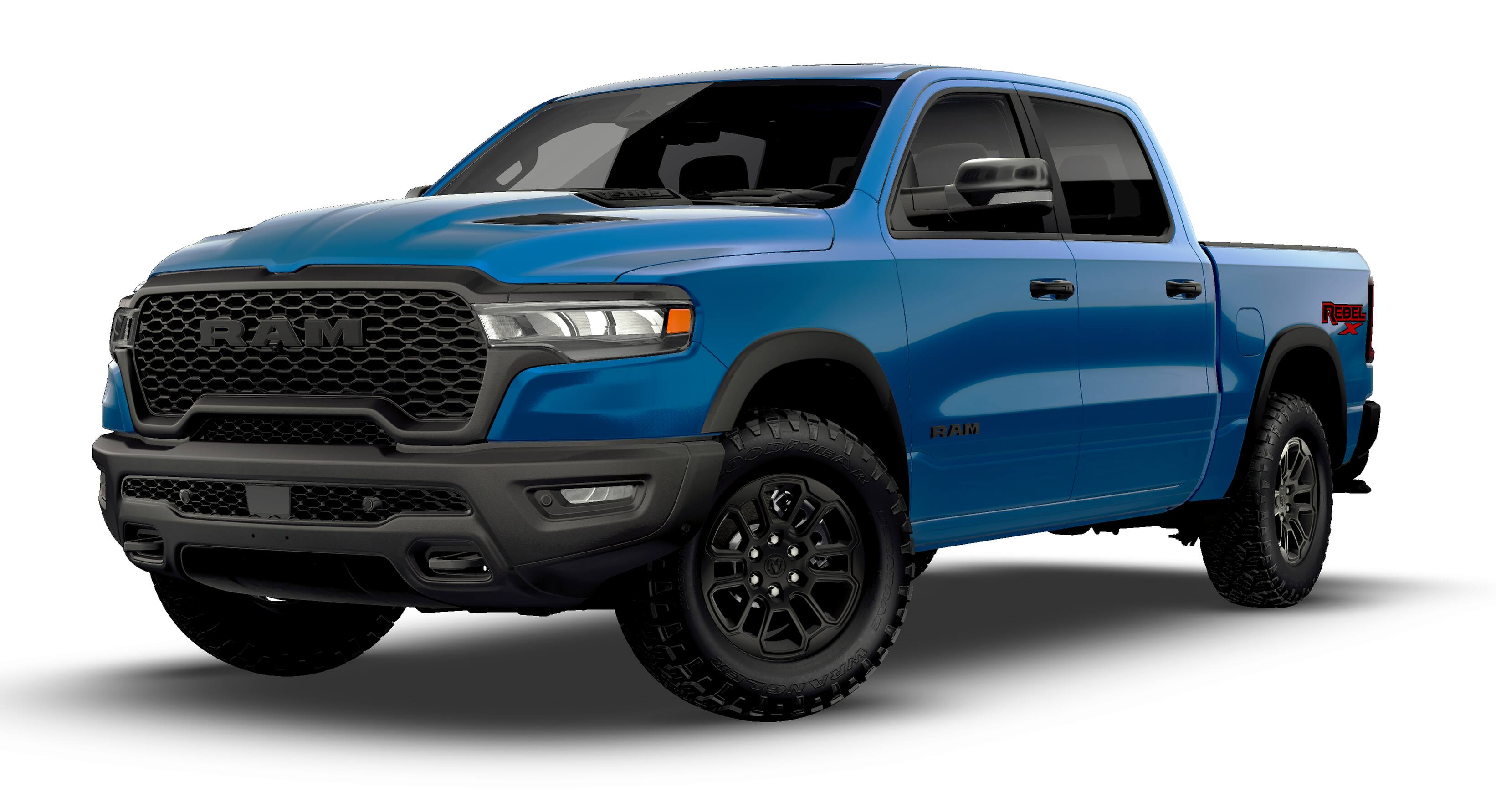 2026 RAM Ram 1500 RAM 1500 REBEL CREW CAB 4X4 5'7' BOX in Hydro Blue Pearl-Coat Exterior Paint — front three-quarter view